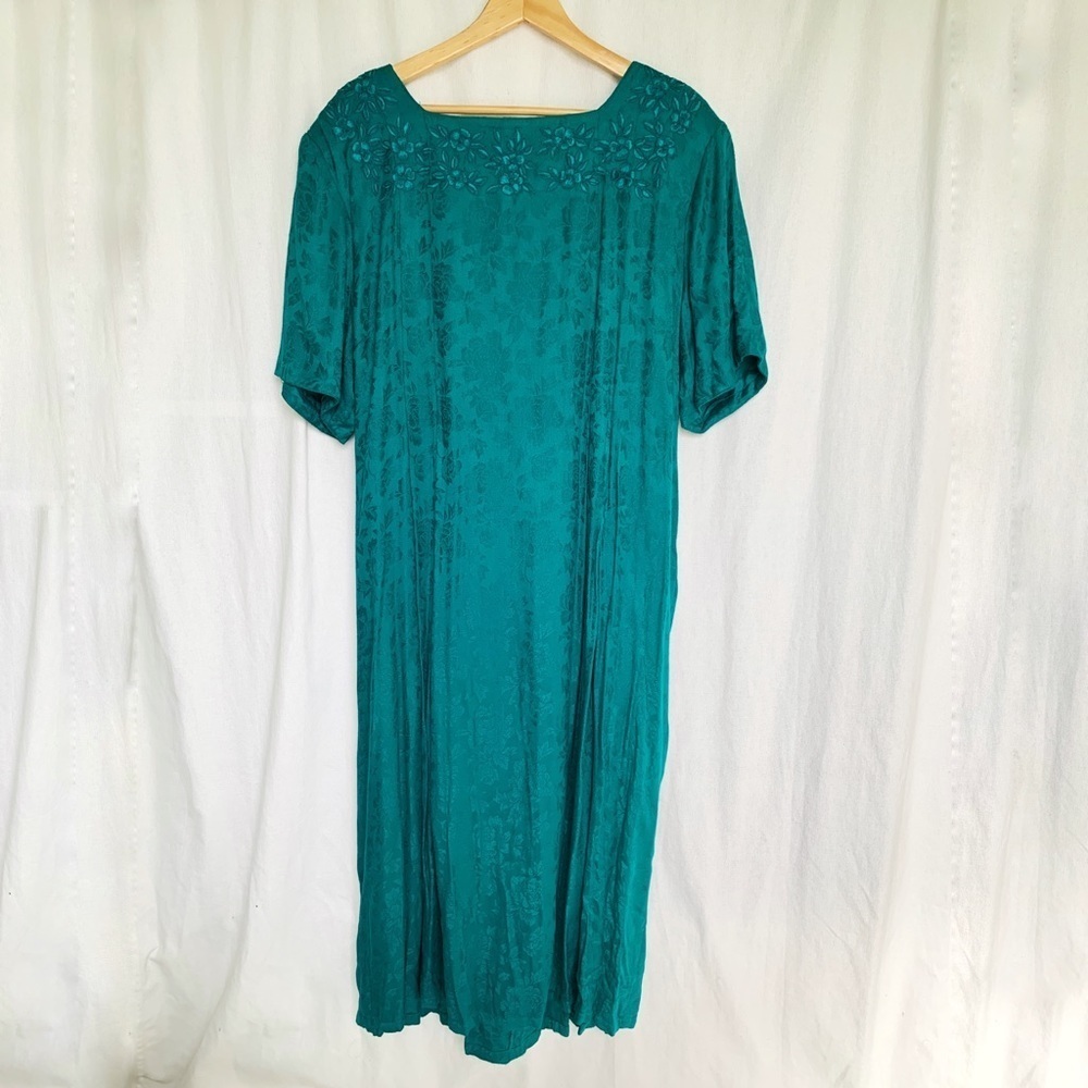 Vintage Sarah Elizabeth // Teal Embroidered Floral Maxi House Dress Sz 1X VTG